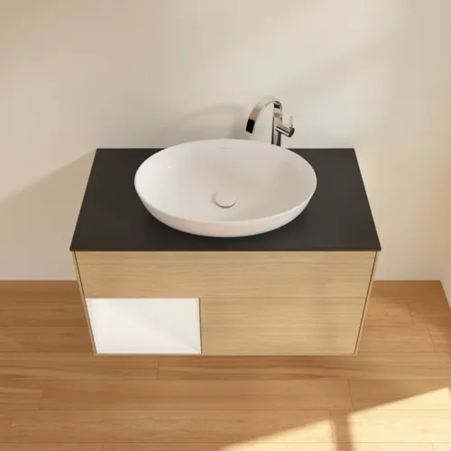 VILLEROY BOCH Toaletní skříňka Finion, s osvětlením, 2 výsuvy, 1000 x 603 x 501 mm, dubová dýha / bílý matný lak / sklo černé matné #F892MTPC, obrázek 4