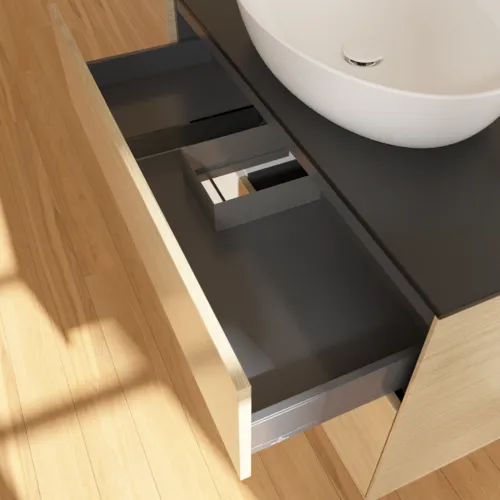 VILLEROY BOCH Toaletní skříňka Finion, s osvětlením, 2 výsuvy, 1000 x 603 x 501 mm, dubová dýha / bílý matný lak / sklo černé matné #F892MTPC, obrázek 8