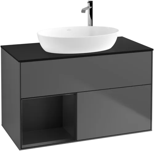 VILLEROY BOCH Toaletní skříňka Finion, s osvětlením, 2 výsuvy, 1000 x 603 x 501 mm, antracitový matný lak / černý matný lak / černé matné sklo #F892PDGK
