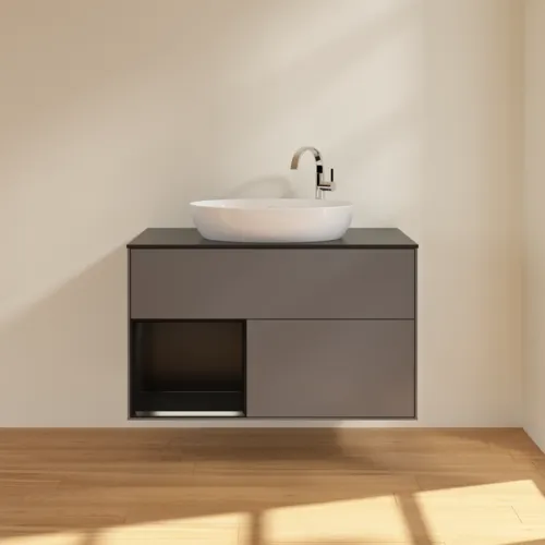 VILLEROY BOCH Toaletní skříňka Finion, s osvětlením, 2 výsuvy, 1000 x 603 x 501 mm, antracitový matný lak / černý matný lak / černé matné sklo #F892PDGK, obrázek 3