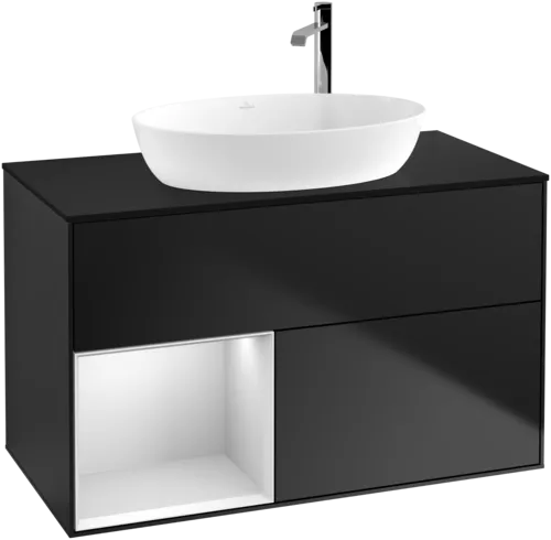 VILLEROY BOCH Umyvadlová skříňka Finion, s osvětlením, 2 výsuvy, 1000 x 603 x 501 mm, černý matný lak / bílý matný lak / černé matné sklo #F892MTPD, obrázek 1