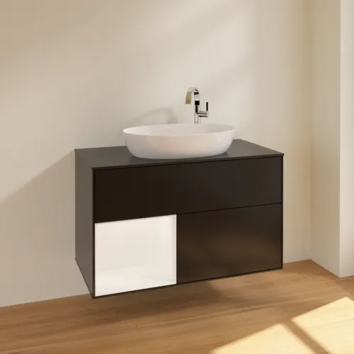 VILLEROY BOCH Umyvadlová skříňka Finion, s osvětlením, 2 výsuvy, 1000 x 603 x 501 mm, černý matný lak / bílý matný lak / černé matné sklo #F892MTPD, obrázek 2
