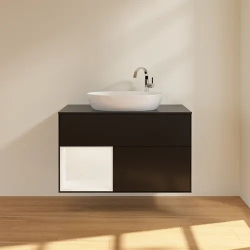 VILLEROY BOCH Umyvadlová skříňka Finion, s osvětlením, 2 výsuvy, 1000 x 603 x 501 mm, černý matný lak / bílý matný lak / černé matné sklo #F892MTPD, obrázek 3