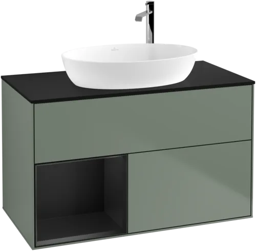 VILLEROY BOCH Toaletní skříňka Finion, s osvětlením, 2 výsuvy, 1000 x 603 x 501 mm, olivový matný lak / černý matný lak / černé matné sklo #F892PDGM, obrázek 1