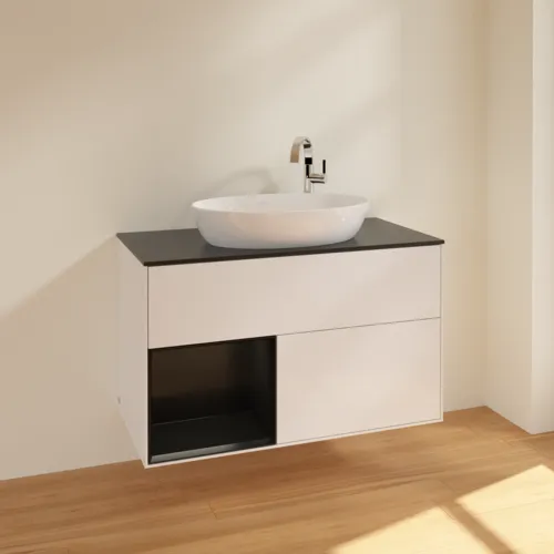 VILLEROY BOCH Umyvadlová skříňka Finion, s osvětlením, 2 výsuvy, 1000 x 603 x 501 mm, lesklý bílý lak / černý matný lak / černé matné sklo #F892PDGF, obrázek 2
