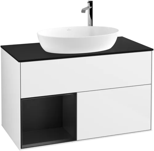 VILLEROY BOCH Umyvadlová skříňka Finion, s osvětlením, 2 výsuvy, 1000 x 603 x 501 mm, lesklý bílý lak / černý matný lak / černé matné sklo #F892PDGF, obrázek 1