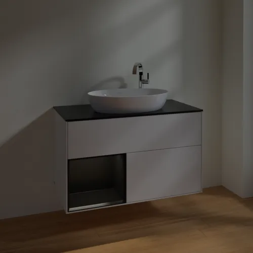 VILLEROY BOCH Umyvadlová skříňka Finion, s osvětlením, 2 výsuvy, 1000 x 603 x 501 mm, lesklý bílý lak / černý matný lak / černé matné sklo #F892PDGF, obrázek 5