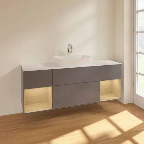 VILLEROY BOCH Toaletní skříňka Finion, s osvětlením, 4 výsuvy, 1600 x 603 x 501 mm, antracit matný lak / dubová dýha / sklo bílé matné #F861PCGK, obrázek 2