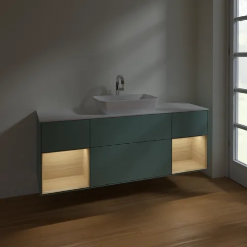 VILLEROY BOCH Toaletní skříňka Finion, s osvětlením, 4 výsuvy, 1600 x 603 x 501 mm, olivový matný lak / dubová dýha / sklo bílé matné #F861PCGM, obrázek 5