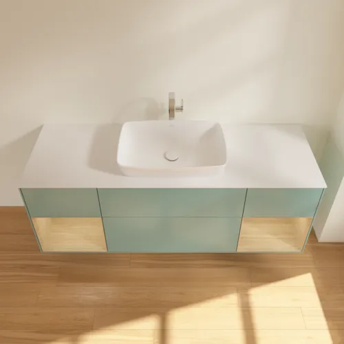 VILLEROY BOCH Toaletní skříňka Finion, s osvětlením, 4 výsuvy, 1600 x 603 x 501 mm, olivový matný lak / dubová dýha / sklo bílé matné #F861PCGM, obrázek 4