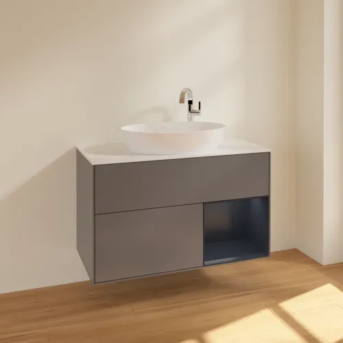 VILLEROY BOCH Toaletní skříňka Finion, s osvětlením, 2 výsuvy, 1000 x 603 x 501 mm, antracitový matný lak / půlnoční modrý matný lak / bílé matné sklo #F901HGGK, obrázek 2