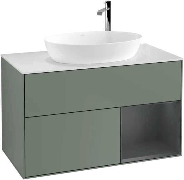 VILLEROY BOCH Toaletní skříňka Finion, s osvětlením, 2 výsuvy, 1000 x 603 x 501 mm, olivový matný lak / půlnoční modrý matný lak / bílé matné sklo #F901HGGM, obrázek 1