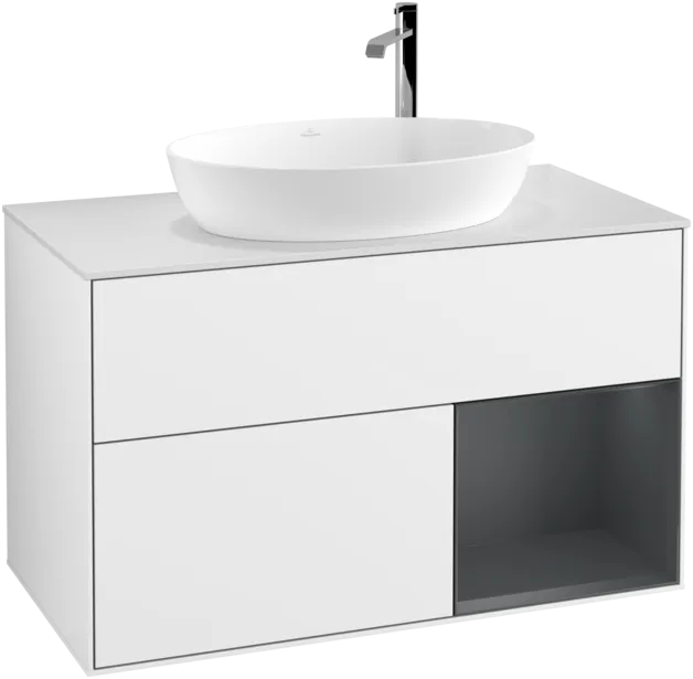 VILLEROY BOCH Toaletní skříňka Finion, s osvětlením, 2 výsuvy, 1000 x 603 x 501 mm, lesklý bílý lak / půlnoční modrý matný lak / bílé matné sklo #F901HGGF