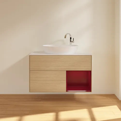 VILLEROY BOCH Toaletní stolek Finion, s osvětlením, 2 výsuvy, 1000 x 603 x 501 mm, dubová dýha / matný lak Pivoňka / matné bílé sklo #F901HBPC, obrázek 3