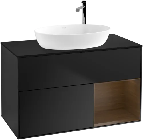 VILLEROY BOCH Toaletní skříňka Finion, s osvětlením, 2 výsuvy, 1000 x 603 x 501 mm, černý matný lak / ořechová dýha / černé matné sklo #F902GNPD, obrázek 1