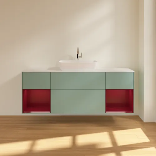 VILLEROY BOCH Toaletní skříňka Finion, s osvětlením, 4 výsuvy, 1600 x 603 x 501 mm, olivový matný lak / pivoňkový matný lak / bílé matné sklo #F861HBGM, obrázek 3