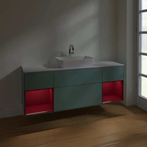 VILLEROY BOCH Toaletní skříňka Finion, s osvětlením, 4 výsuvy, 1600 x 603 x 501 mm, olivový matný lak / pivoňkový matný lak / bílé matné sklo #F861HBGM, obrázek 5