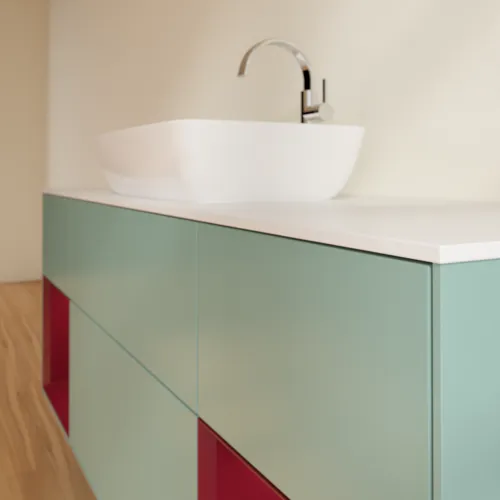 VILLEROY BOCH Toaletní skříňka Finion, s osvětlením, 4 výsuvy, 1600 x 603 x 501 mm, olivový matný lak / pivoňkový matný lak / bílé matné sklo #F861HBGM, obrázek 6