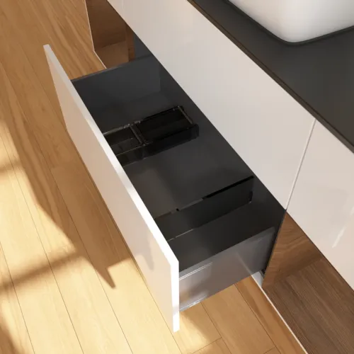 VILLEROY BOCH Toaletní skříňka Finion, s osvětlením, 4 výsuvy, 1600 x 603 x 501 mm, lesklý bílý lak / ořechová dýha / černé matné sklo #F862GNGF, obrázek 7