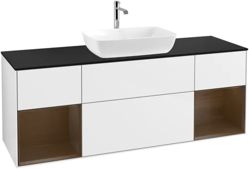 VILLEROY BOCH Toaletní skříňka Finion, s osvětlením, 4 výsuvy, 1600 x 603 x 501 mm, lesklý bílý lak / ořechová dýha / černé matné sklo #F862GNGF, obrázek 1