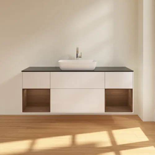 VILLEROY BOCH Toaletní skříňka Finion, s osvětlením, 4 výsuvy, 1600 x 603 x 501 mm, lesklý bílý lak / ořechová dýha / černé matné sklo #F862GNGF, obrázek 3
