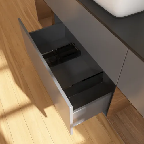 VILLEROY BOCH Toaletní skříňka Finion, s osvětlením, 4 výsuvy, 1600 x 603 x 501 mm, antracitový matný lak / ořechová dýha / černé matné sklo #F862GNGK, obrázek 7