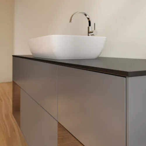 VILLEROY BOCH Toaletní skříňka Finion, s osvětlením, 4 výsuvy, 1600 x 603 x 501 mm, antracitový matný lak / ořechová dýha / černé matné sklo #F862GNGK, obrázek 6