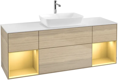 VILLEROY BOCH Toaletní skříňka Finion, s osvětlením, 4 výsuvy, 1600 x 603 x 501 mm, dubová dýha / zlatý matný lak / bílé matné sklo #F861HFPC