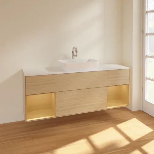 VILLEROY BOCH Toaletní skříňka Finion, s osvětlením, 4 výsuvy, 1600 x 603 x 501 mm, dubová dýha / zlatý matný lak / bílé matné sklo #F861HFPC, obrázek 2