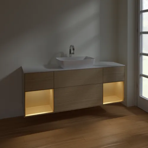 VILLEROY BOCH Toaletní skříňka Finion, s osvětlením, 4 výsuvy, 1600 x 603 x 501 mm, dubová dýha / zlatý matný lak / bílé matné sklo #F861HFPC, obrázek 5