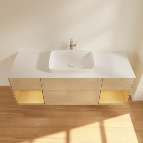 VILLEROY BOCH Toaletní skříňka Finion, s osvětlením, 4 výsuvy, 1600 x 603 x 501 mm, dubová dýha / zlatý matný lak / bílé matné sklo #F861HFPC, obrázek 4