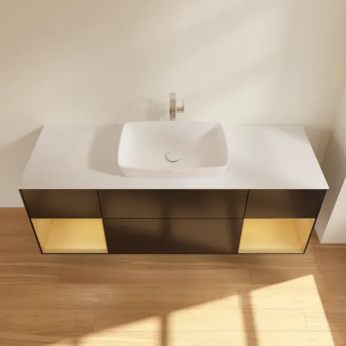 VILLEROY BOCH Toaletní skříňka Finion, s osvětlením, 4 výsuvy, 1600 x 603 x 501 mm, černý matný lak / zlatý matný lak / bílé matné sklo #F861HFPD, obrázek 4