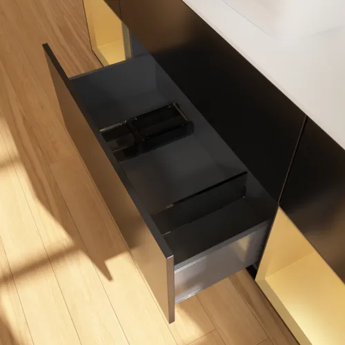 VILLEROY BOCH Toaletní skříňka Finion, s osvětlením, 4 výsuvy, 1600 x 603 x 501 mm, černý matný lak / zlatý matný lak / bílé matné sklo #F861HFPD, obrázek 7