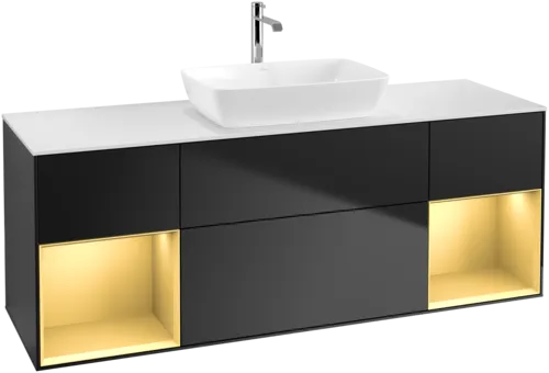 VILLEROY BOCH Toaletní skříňka Finion, s osvětlením, 4 výsuvy, 1600 x 603 x 501 mm, černý matný lak / zlatý matný lak / bílé matné sklo #F861HFPD, obrázek 1