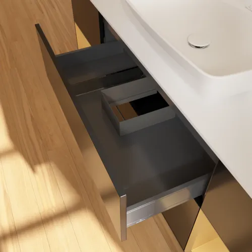 VILLEROY BOCH Toaletní skříňka Finion, s osvětlením, 4 výsuvy, 1600 x 603 x 501 mm, černý matný lak / zlatý matný lak / bílé matné sklo #F861HFPD, obrázek 8