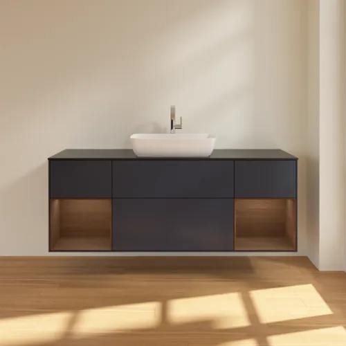 VILLEROY BOCH Toaletní skříňka Finion, s osvětlením, 4 výsuvy, 1600 x 603 x 501 mm, půlnočně modrý matný lak / ořechová dýha / černé matné sklo #F862GNHG, obrázek 3