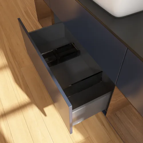 VILLEROY BOCH Toaletní skříňka Finion, s osvětlením, 4 výsuvy, 1600 x 603 x 501 mm, půlnočně modrý matný lak / ořechová dýha / černé matné sklo #F862GNHG, obrázek 7