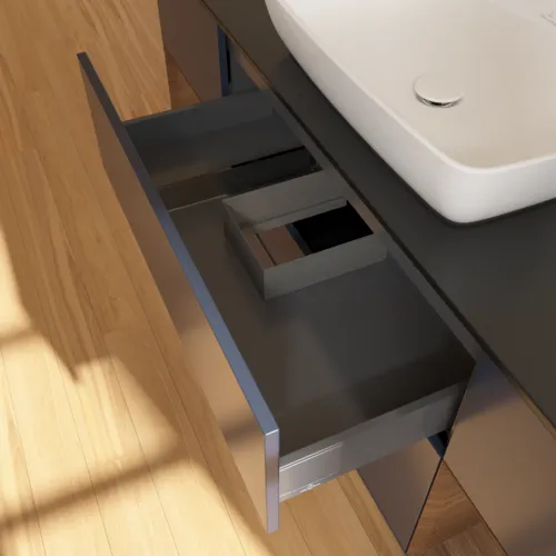 VILLEROY BOCH Toaletní skříňka Finion, s osvětlením, 4 výsuvy, 1600 x 603 x 501 mm, půlnočně modrý matný lak / ořechová dýha / černé matné sklo #F862GNHG, obrázek 8