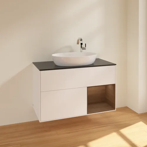 VILLEROY BOCH Toaletní skříňka Finion, s osvětlením, 2 výsuvy, 1000 x 603 x 501 mm, bílý matný lak / ořechová dýha / černé matné sklo #F902GNMT, obrázek 2
