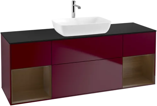 VILLEROY BOCH Toaletní skříňka Finion, s osvětlením, 4 výsuvy, 1600 x 603 x 501 mm, matný lak Peony / ořechová dýha / černé matné sklo #F862GNHB, obrázek 1