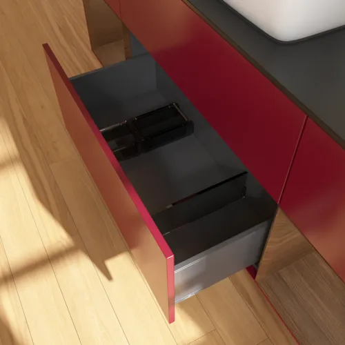 VILLEROY BOCH Toaletní skříňka Finion, s osvětlením, 4 výsuvy, 1600 x 603 x 501 mm, matný lak Peony / ořechová dýha / černé matné sklo #F862GNHB, obrázek 7