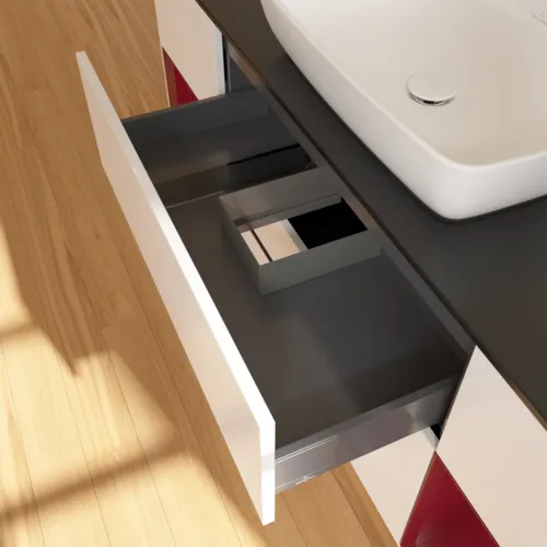 VILLEROY BOCH Toaletní skříňka Finion, s osvětlením, 4 výsuvy, 1600 x 603 x 501 mm, bílý matný lak / pivoňkový matný lak / černé matné sklo #F862HBMT, obrázek 8