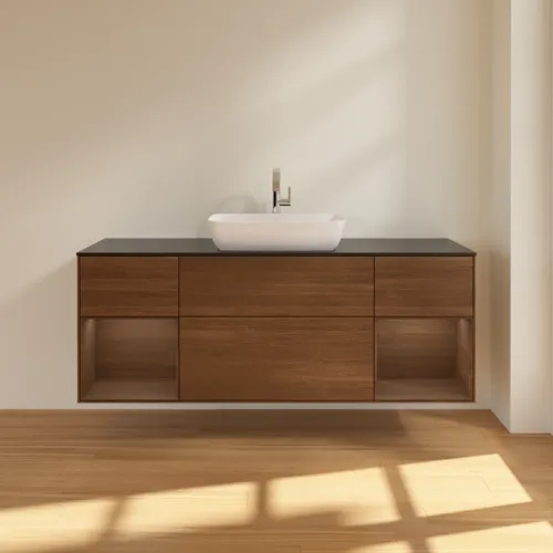 VILLEROY BOCH Toaletní skříňka Finion, s osvětlením, 4 výsuvy, 1600 x 603 x 501 mm, ořechová dýha / ořechová dýha / sklo černé matné #F862GNGN, obrázek 3