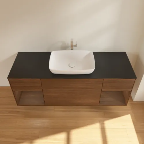 VILLEROY BOCH Toaletní skříňka Finion, s osvětlením, 4 výsuvy, 1600 x 603 x 501 mm, ořechová dýha / ořechová dýha / sklo černé matné #F862GNGN, obrázek 4