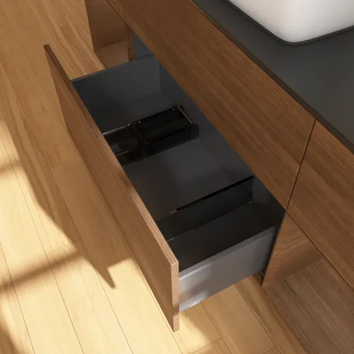 VILLEROY BOCH Toaletní skříňka Finion, s osvětlením, 4 výsuvy, 1600 x 603 x 501 mm, ořechová dýha / ořechová dýha / sklo černé matné #F862GNGN, obrázek 7