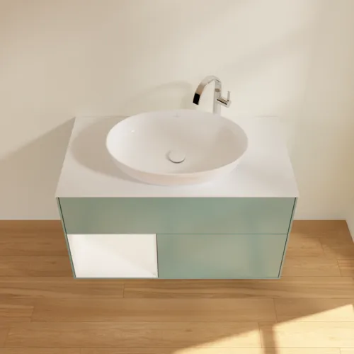 VILLEROY BOCH Toaletní skříňka Finion, s osvětlením, 2 výsuvy, 1000 x 603 x 501 mm, olivový matný lak / bílý matný lak / bílé matné sklo #F891MTGM, obrázek 4