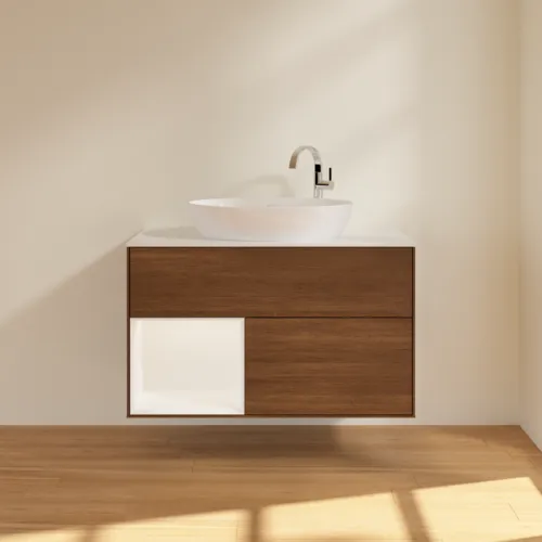 VILLEROY BOCH Umyvadlová skříňka Finion, s osvětlením, 2 výsuvy, 1000 x 603 x 501 mm, ořechová dýha / bílý matný lak / bílé matné sklo #F891MTGN, obrázek 3