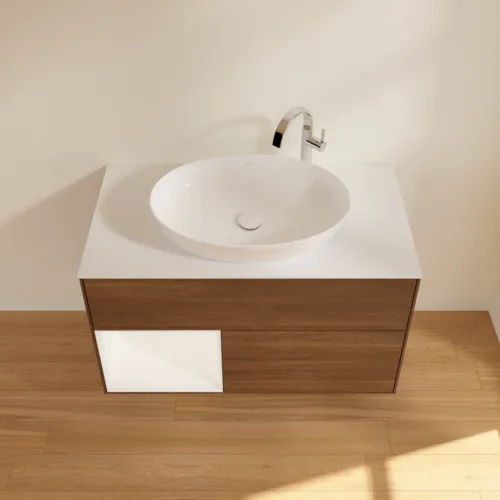 VILLEROY BOCH Umyvadlová skříňka Finion, s osvětlením, 2 výsuvy, 1000 x 603 x 501 mm, ořechová dýha / bílý matný lak / bílé matné sklo #F891MTGN, obrázek 4