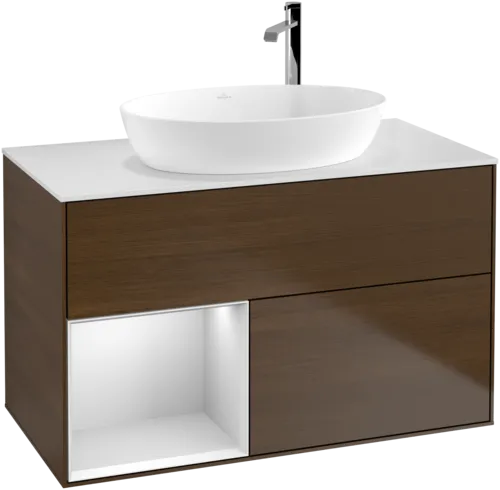 VILLEROY BOCH Umyvadlová skříňka Finion, s osvětlením, 2 výsuvy, 1000 x 603 x 501 mm, ořechová dýha / bílý matný lak / bílé matné sklo #F891MTGN, obrázek 1