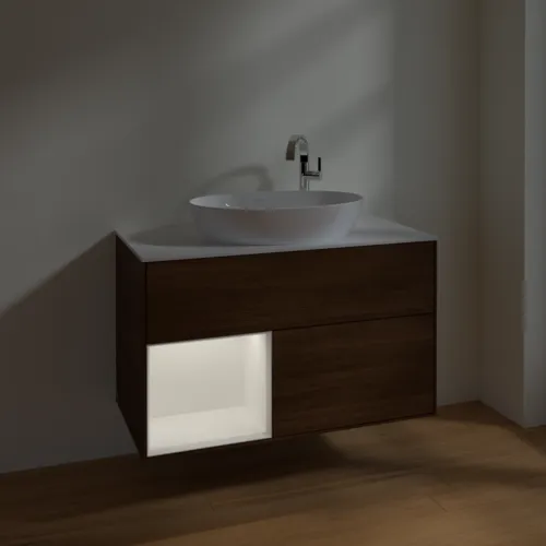 VILLEROY BOCH Umyvadlová skříňka Finion, s osvětlením, 2 výsuvy, 1000 x 603 x 501 mm, ořechová dýha / bílý matný lak / bílé matné sklo #F891MTGN, obrázek 5